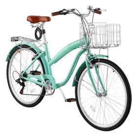 Women Bike, 26 in Beach Cruiser Bike, 7-Speed Adult City Bicycle with Carbon Steel Frame, 330 lbs Capacity, Basket, Rear Rack & Dual V-Brakes