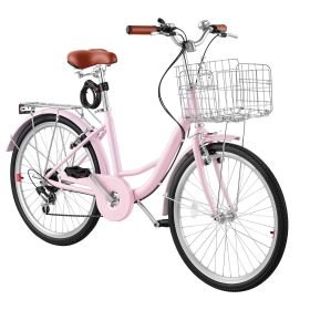 Women Bike, 24 in Beach Cruiser Bike, 7-Speed Adult City Bicycle with Carbon Steel Frame, 330 lbs Capacity, Basket, Rear Rack & Dual V-Brakes, Pi