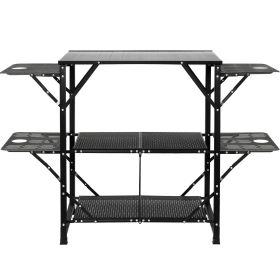Camping Kitchen Table, One-piece Folding Portable Cook Station with A Carrying Bag, Aluminum Camping Table 4 Iron Side Tables & 2 Shelves