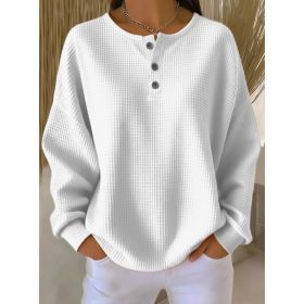 Round Neck Waffle Solid Color Pullover Loose Top (Option: White-S)