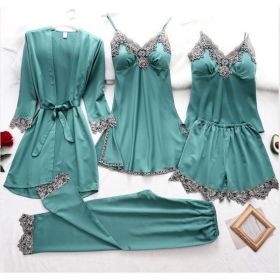 French Pajamas Spring And Summer Thin Ice Silk Nightdress Five-piece Suit (Option: Green-M)