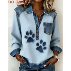 Denim Patchwork Collar Button-down Casual Long-sleeved Top (Option: Blue-S)