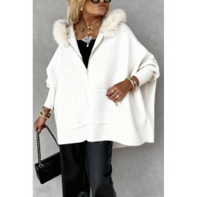Ins Plush Hooded Cardigan Fashion Warm Pockets Zip-up Knitted Jacket Casual Outerwear Batwing Sleeve Sweater Women's Clothing (Option: White-S)