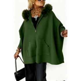 Ins Plush Hooded Cardigan Fashion Warm Pockets Zip-up Knitted Jacket Casual Outerwear Batwing Sleeve Sweater Women's Clothing (Option: Green-S)