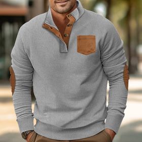 Patch Pocket Jacket Stand Collar Long Sleeve Corduroy Multicolor Hoodie (Option: Light Gray-S)