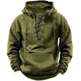 Ins Lace-up Hoodie Casual Sports Pocket Sweatshirt Men's Long-sleeved Top Clothing (Option: Army green-S)