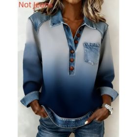 Denim Patchwork Collar Button-down Casual Long-sleeved Top (Option: Dark Blue-L)