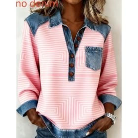 Denim Patchwork Collar Button-down Casual Long-sleeved Top (Option: Pink-S)