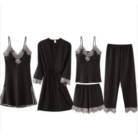 French Pajamas Spring And Summer Thin Ice Silk Nightdress Five-piece Suit (Option: Black-L)
