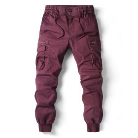 Solid Color Skinny Pants Multi-pocket Men's Working Pants (Option: Wine Red-29)