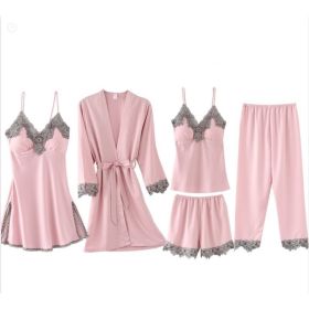 French Pajamas Spring And Summer Thin Ice Silk Nightdress Five-piece Suit (Option: Pink-XXL)