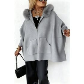 Ins Plush Hooded Cardigan Fashion Warm Pockets Zip-up Knitted Jacket Casual Outerwear Batwing Sleeve Sweater Women's Clothing (Option: Gray-S)