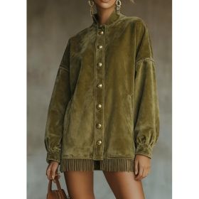 Velvet Fringed Hem Casual Stand-up Collar Button-down Loose Sweatshirt Dress (Option: Olive green-S)