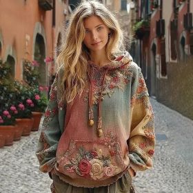 Women's 3D Printed Retro Bohemian Style Hoodie With Floral Floral Print, Loose Fit, Casual, Warm, Sporty, Hooded, Street Style (Option: 3style-S)