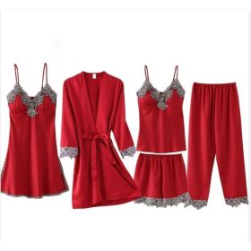 French Pajamas Spring And Summer Thin Ice Silk Nightdress Five-piece Suit (Option: Red-M)