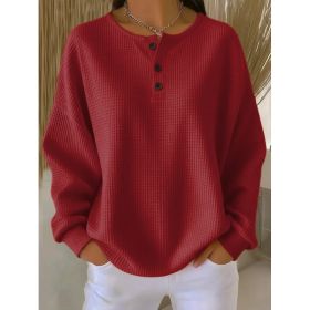 Round Neck Waffle Solid Color Pullover Loose Top (Option: Red-S)