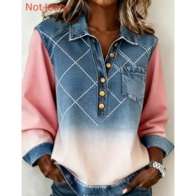 Denim Patchwork Collar Button-down Casual Long-sleeved Top (Option: Plaid blue-S)