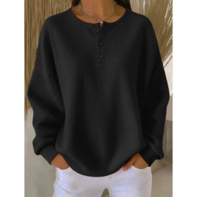 Ins Waffle Long-sleeved T-shirt Fashion Solid Color Buttons Round Neck Pullover Top Women's Clothing (Option: Black-M)