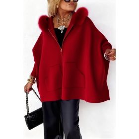Ins Plush Hooded Cardigan Fashion Warm Pockets Zip-up Knitted Jacket Casual Outerwear Batwing Sleeve Sweater Women's Clothing (Option: Red-M)