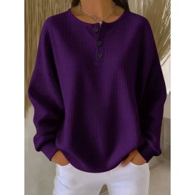 Ins Waffle Long-sleeved T-shirt Fashion Solid Color Buttons Round Neck Pullover Top Women's Clothing (Option: Purple-M)