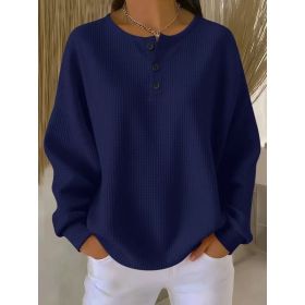 Ins Waffle Long-sleeved T-shirt Fashion Solid Color Buttons Round Neck Pullover Top Women's Clothing (Option: Dark Blue-M)