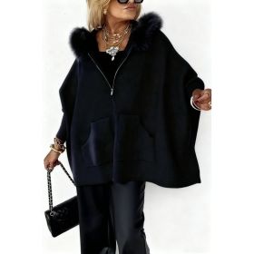 Ins Plush Hooded Cardigan Fashion Warm Pockets Zip-up Knitted Jacket Casual Outerwear Batwing Sleeve Sweater Women's Clothing (Option: Black-XXXL)