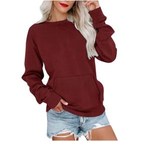 Women's Pin Solid Color Round Neck Loose Long-sleeved Sweater (Option: Wine Red-L)