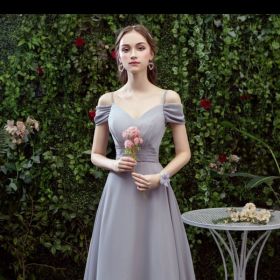 Bridesmaid Long Gray Bridesmaid Sisters Wedding Slimming Off-shoulder Banquet Dress (Option: Gray D-XL)