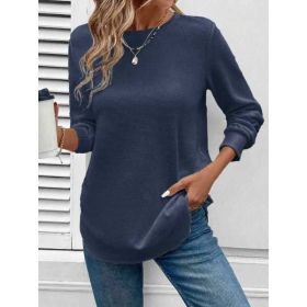Women's Solid Color Round Neck Loose Stylish Sweatshirt (Option: Navy Blue-L)