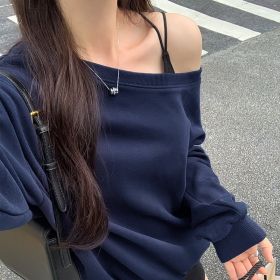 Casual Loose Shoulder Sweater For Women (Option: Navy Blue-XL)