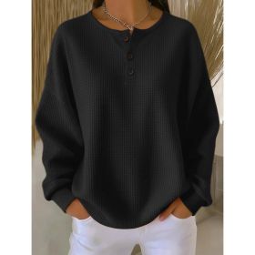 Round Neck Waffle Solid Color Pullover Loose Top (Option: Black-5XL)
