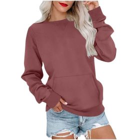 Women's Pin Solid Color Round Neck Loose Long-sleeved Sweater (Option: Dark Red-XL)