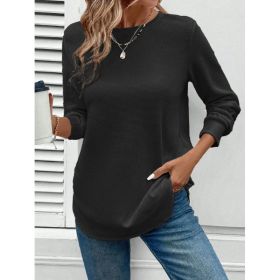 Women's Solid Color Round Neck Loose Stylish Sweatshirt (Option: Black-L)