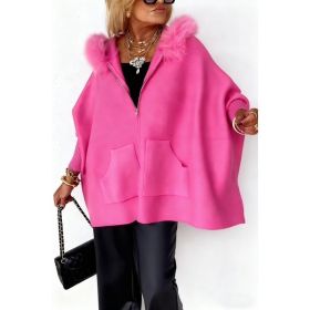 Ins Plush Hooded Cardigan Fashion Warm Pockets Zip-up Knitted Jacket Casual Outerwear Batwing Sleeve Sweater Women's Clothing (Option: Pink-XXXL)