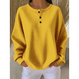 Round Neck Waffle Solid Color Pullover Loose Top (Option: Yellow-L)