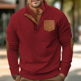 Patch Pocket Jacket Stand Collar Long Sleeve Corduroy Multicolor Hoodie (Option: Wine Red-L)